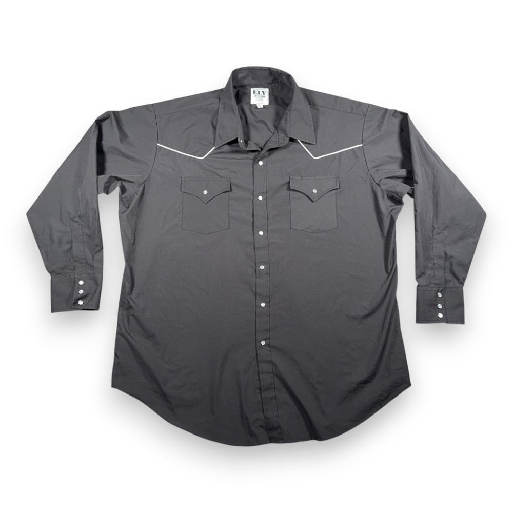 Ely Cattleman Western Shirt Adult 2XL XXL Black Pearl Snap White Piping Cowboy